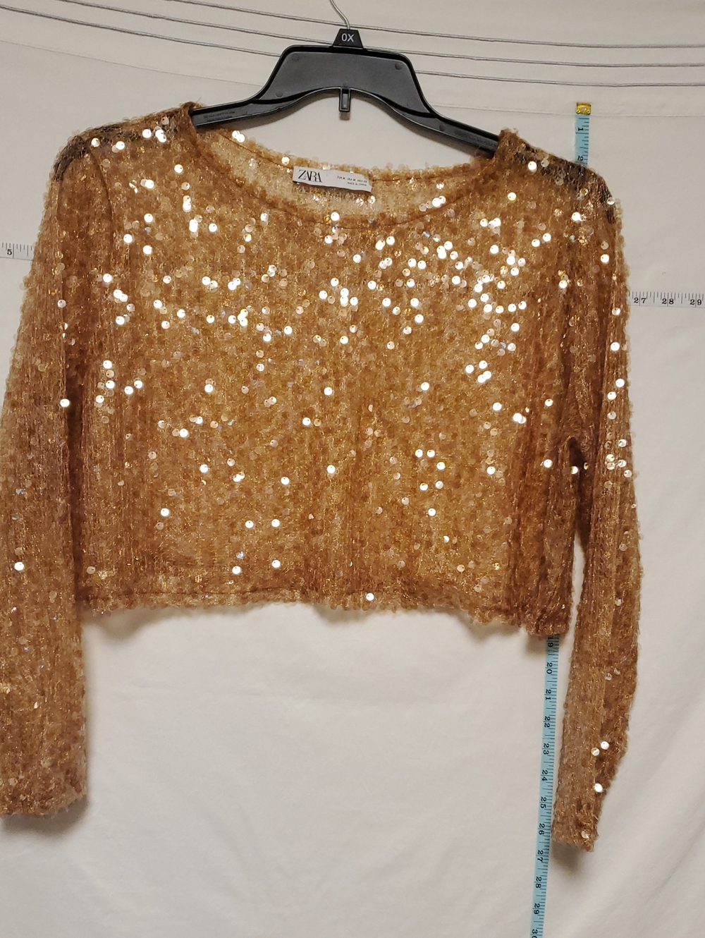 ZARA Gold Sheer Sequin Women's Crop Long Sleeve Medium Festival Artsy Rave